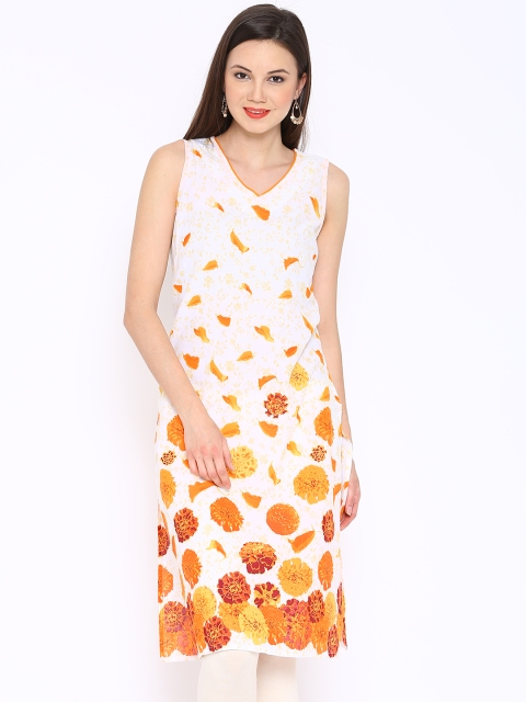 

Aurelia White & Orange Floral Print Kurta