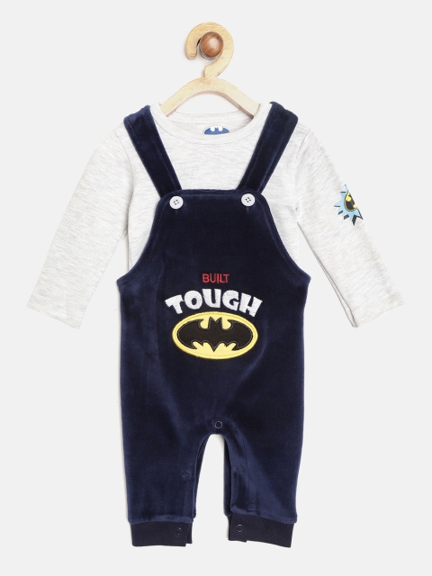 

Moms Love Boys Grey Melange & Navy Blue Solid T-shirt with Batman Applique Dungaree