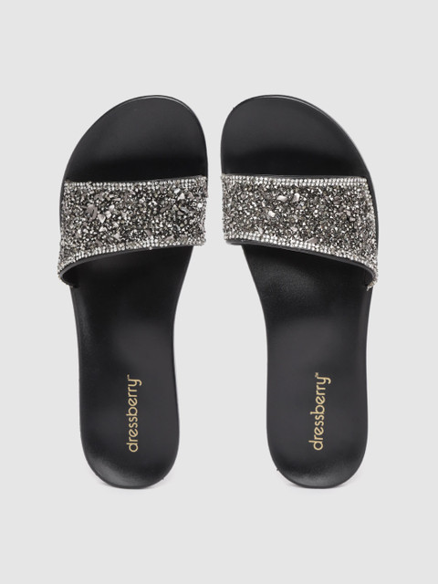 

DressBerry Women Black & Gunmetal-Toned Embellished Flip Flops