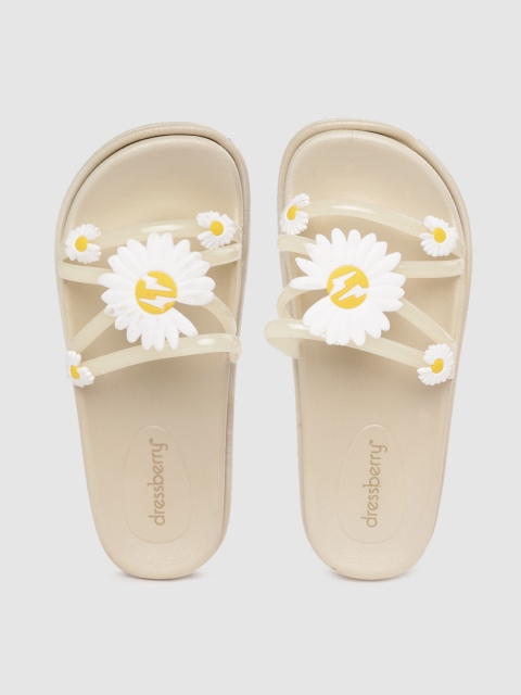 

DressBerry Women Cream-Coloured Solid Open Toe Flats with Floral Applique Detail