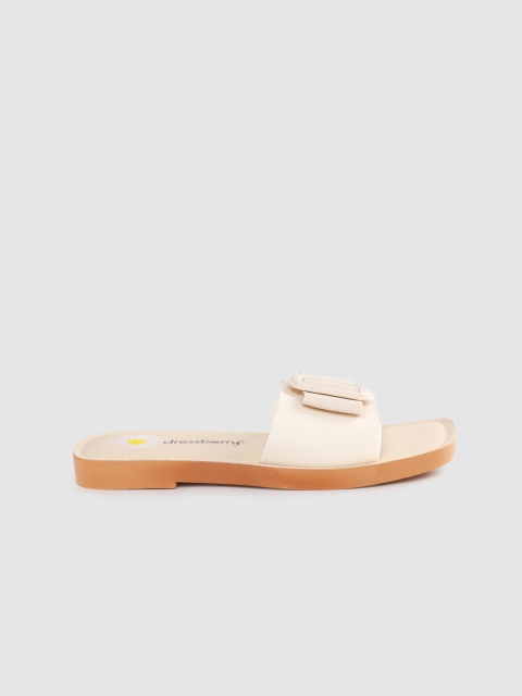 

DressBerry Women Off-White Solid Open Toe Flats with Buckle Detail