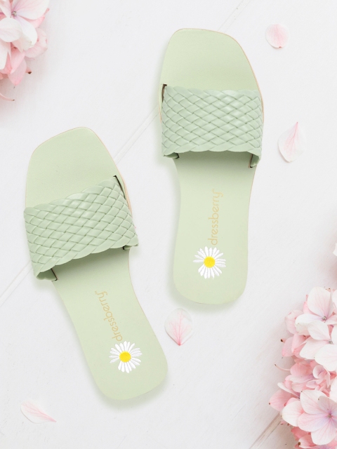 

DressBerry Women Green Basket Weacve Textured Open Toe Flats