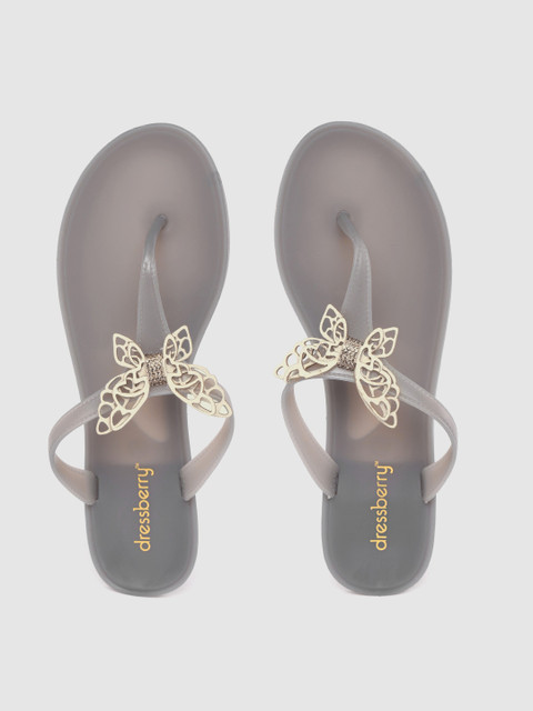 

DressBerry Women Charcoal Grey Solid T-Strap Flats with Butterfly Applique Detail