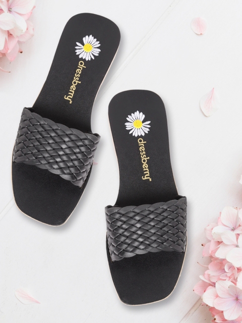 

DressBerry Women Black Basket Weave Textured Open Toe Flats