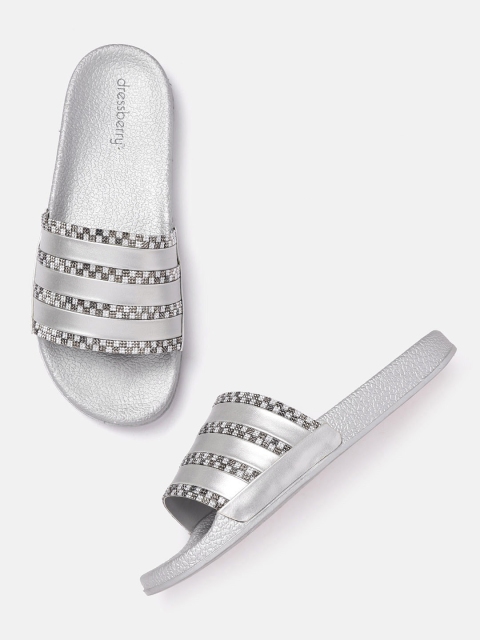 

DressBerry Women Silver-Toned & Gunmetal-Toned Embellished Open Toe Flats