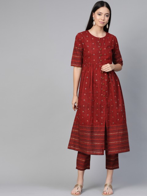 

Indo Era Women Maroon & Golden Printed Kurta with Trousers