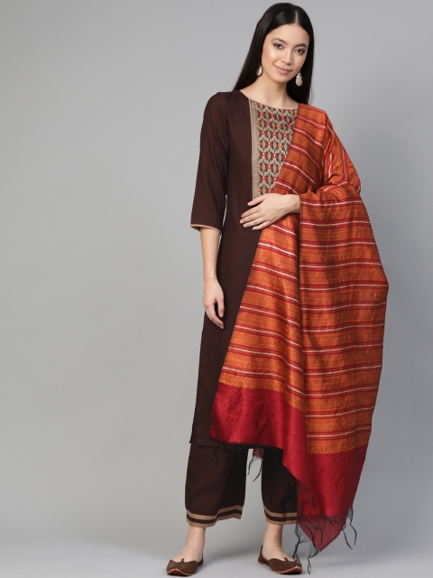 

Indo Era Women Brown & Orange Yoke Design Kurta with Palazzos & Dupatta