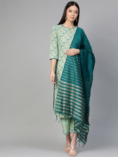 

Indo Era Women Green & Golden Foil Print Kurta with Palazzos & Dupatta