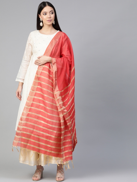 

Indo Era Red & Golden Self Striped Dupatta