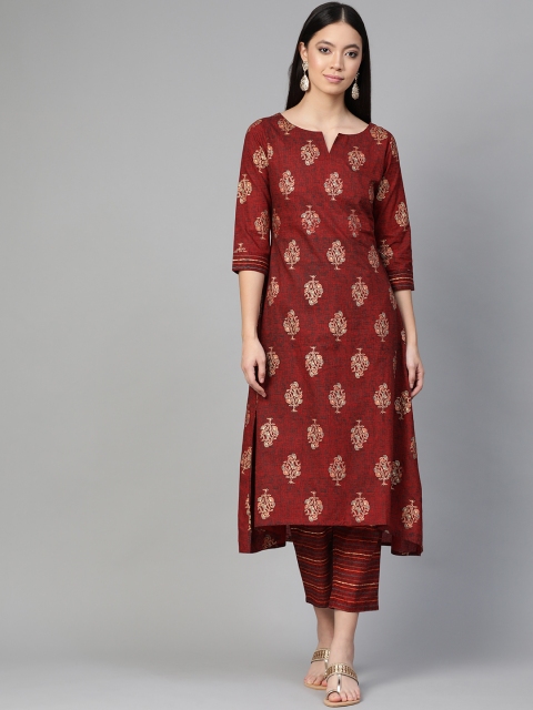 

Indo Era Women Maroon & Golden Printed Kurta with Trousers