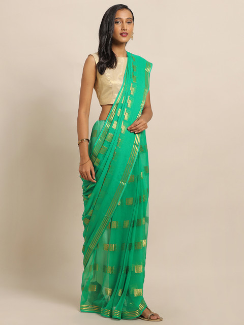 

MOKSHA DESIGNS Green & Gold-Toned Pure Chiffon Woven Design Saree