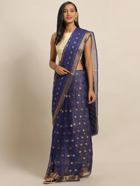 

MOKSHA DESIGNS Navy Blue & Gold-Toned Pure Chiffon Woven Design Saree