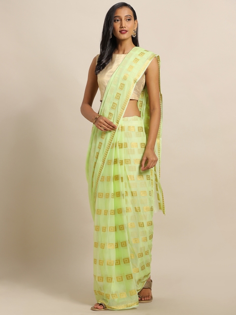 

MOKSHA DESIGNS Fluorescent Green & Gold-Toned Pure Chiffon Woven Design Saree
