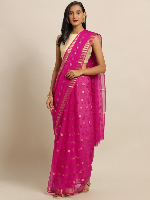 

MOKSHA DESIGNS Magenta Pink & Gold-Toned Pure Chiffon Woven Design Saree