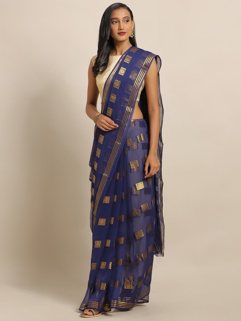 

MOKSHA DESIGNS Navy Blue & Gold-Toned Pure Chiffon Woven Design Saree