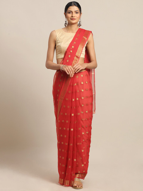 

MOKSHA DESIGNS Red & Golden Pure Chiffon Woven Design Saree