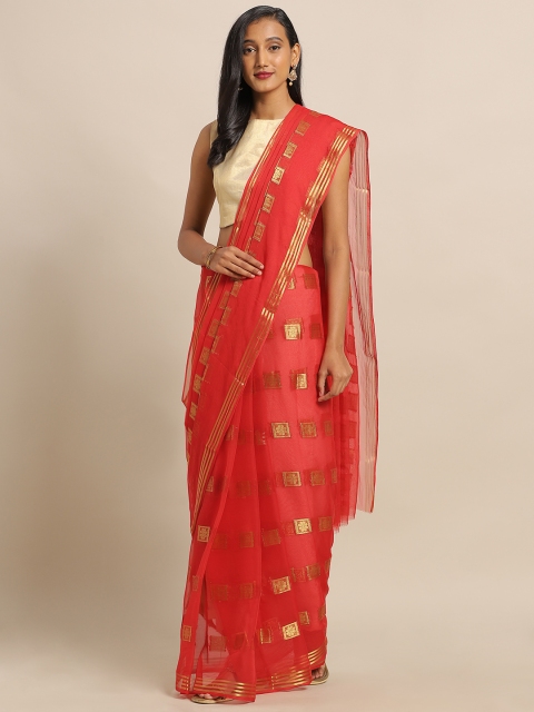 

MOKSHA DESIGNS Red & Gold-Toned Pure Chiffon Woven Design Saree