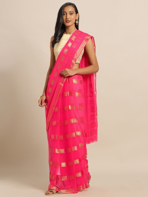 

MOKSHA DESIGNS Pink & Gold-Toned Pure Chiffon Woven Design Saree