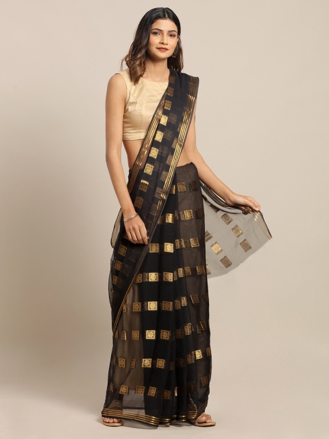 

MOKSHA DESIGNS Black & Gold-Toned Pure Chiffon Woven Design Saree