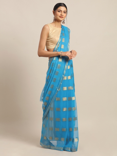

MOKSHA DESIGNS Turquoise Blue & Golden Pure Chiffon Woven Design Saree