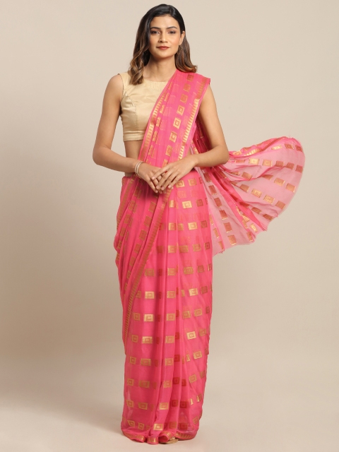 

MOKSHA DESIGNS Pink & Golden Pure Chiffon Woven Design Saree