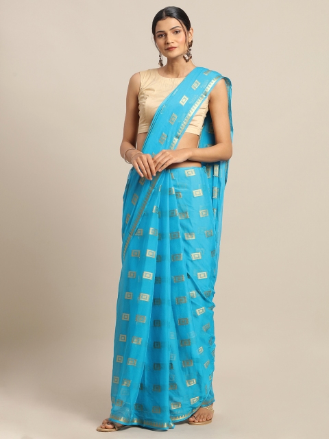 

MOKSHA DESIGNS Turquoise Blue & Golden Pure Chiffon Woven Design Saree