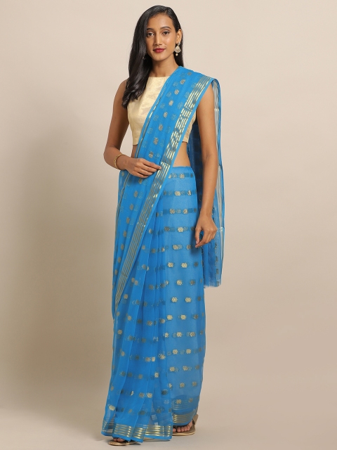 

MOKSHA DESIGNS Turquoise Blue & Gold-Toned Pure Chiffon Woven Design Saree