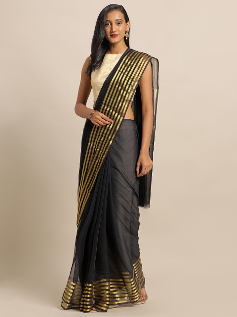 

MOKSHA DESIGNS Black & Gold-Toned Pure Chiffon Solid Saree