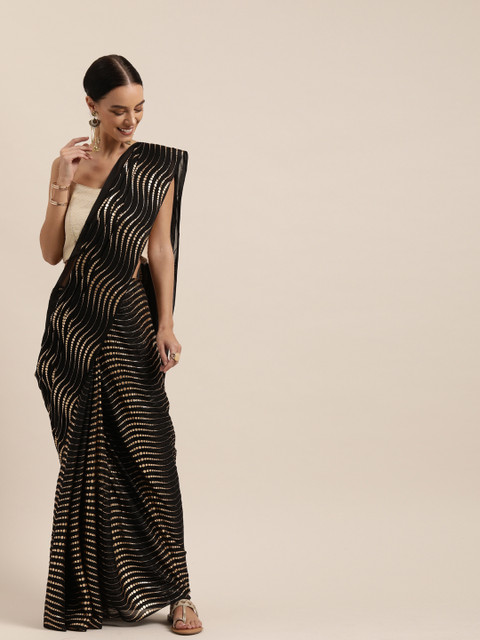 

Mitera Black & Gold-Toned Poly Georgette Foil Printed Saree