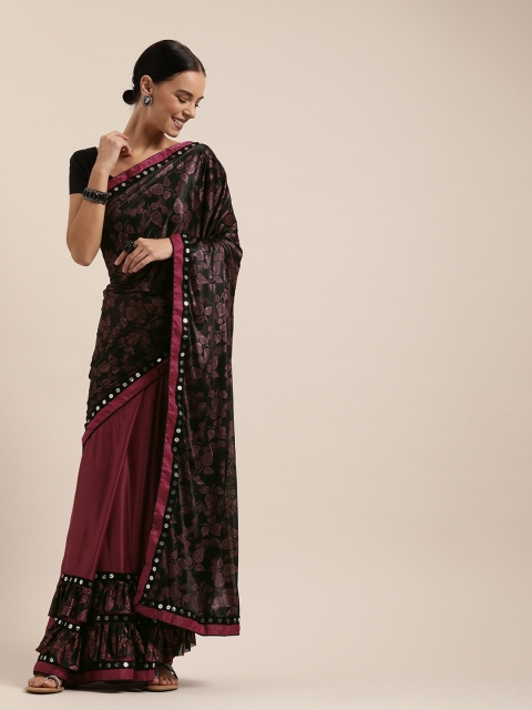 

Mitera Maroon & Black Polyester Printed Ruffled Saree