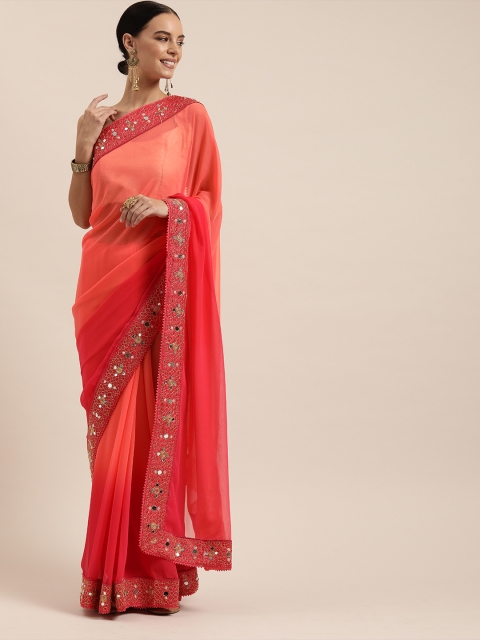 

Mitera Peach-Coloured & Red Poly Georgette Dyed Saree