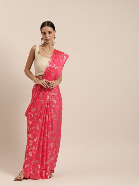 

Mitera Pink & Gold-Toned Poly Georgette Foil Printed Saree