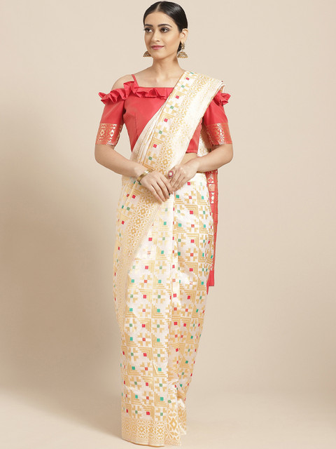

SHAVYA Off-White & Golden Pure Silk Zari Woven Design Kasavu Saree