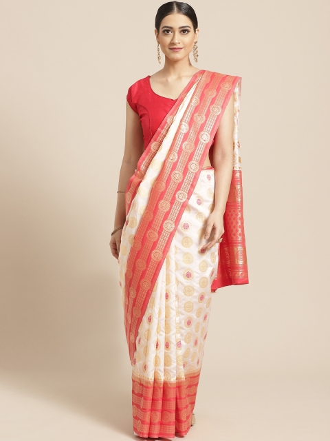 

SHAVYA Off-White & Red Pure Silk Zari Woven Design Onam Kasavu Saree