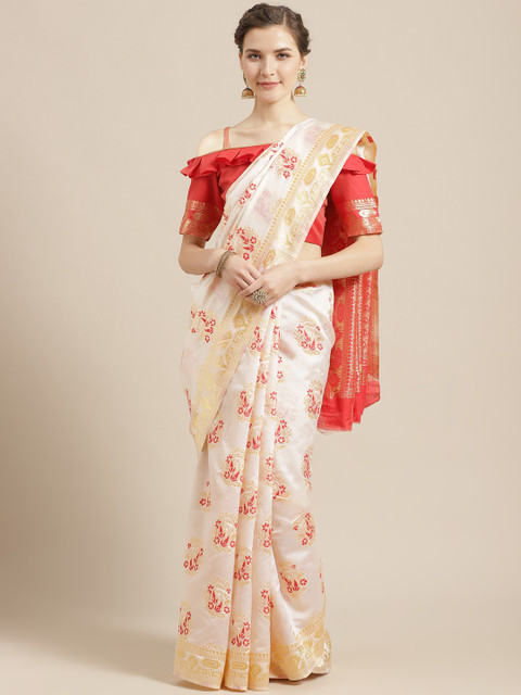 

SHAVYA Off-White & Red Pure Silk Zari Woven Design Kasavu Saree