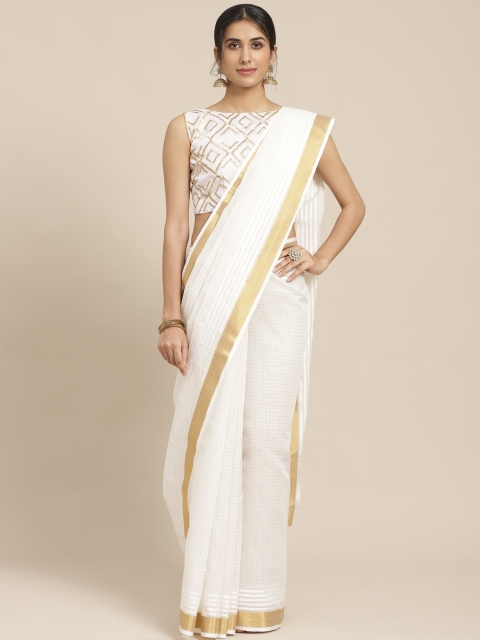 

SHAVYA White & Golden Pure Silk Self-Checked Kasavu Saree