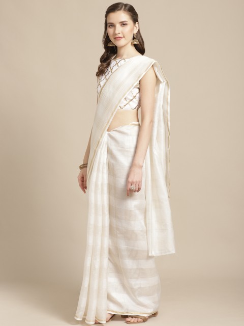

SHAVYA White & Golden Pure Silk Zari Checked Kasavu Saree