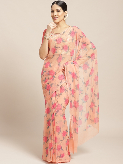 

Chhabra 555 Peach-Coloured & Pink Floral Print Saree