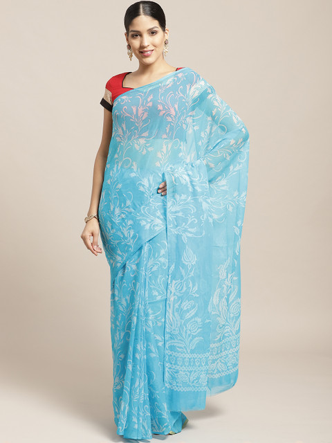 

Chhabra 555 Turquoise Blue & Off-White Floral Print Saree