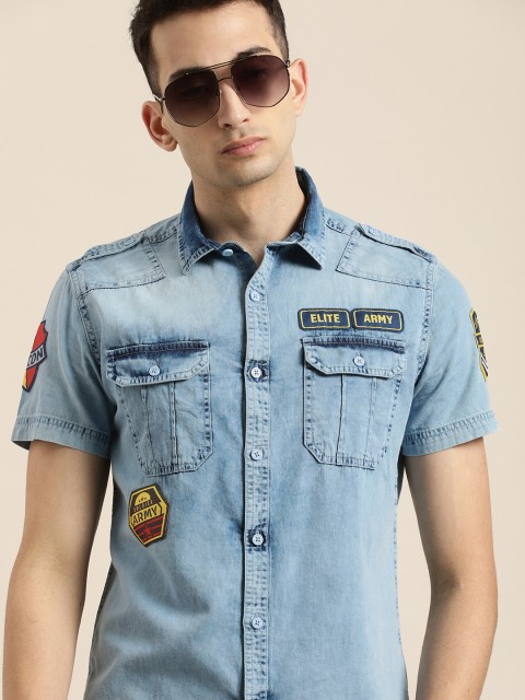 

Moda Rapido Men Blue Regular Fit Washed Casual Shirt With Applique Detailing