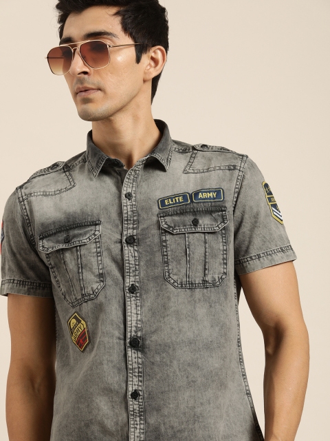 

Moda Rapido Men Grey Regular Fit Washed Casual Shirt With Applique Detailing
