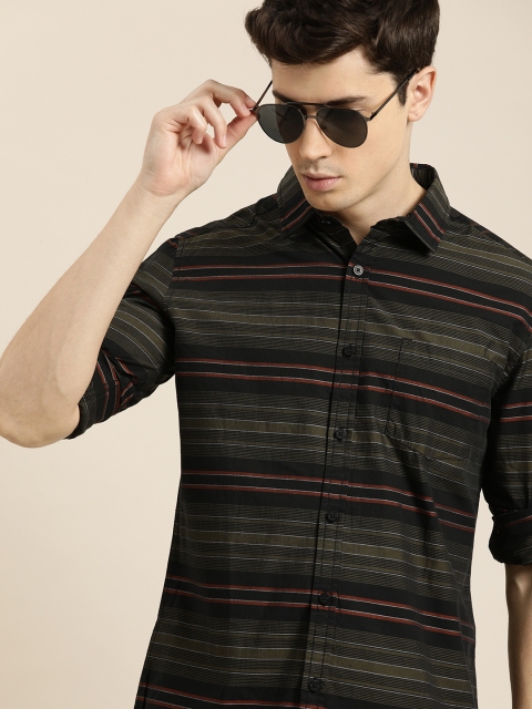 

Moda Rapido Men Olive Green & Black Slim Fit Striped Casual Shirt