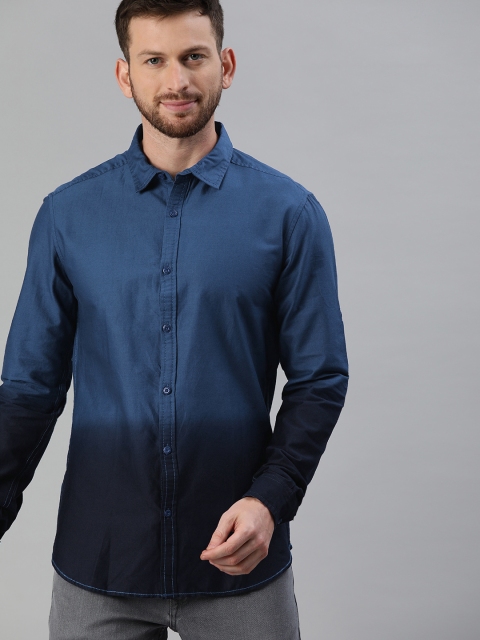 

HERE&NOW Men Navy Blue Slim Fit Ombre Dyed Casual Shirt