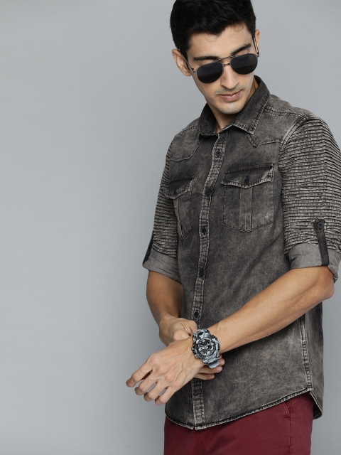 

HERE&NOW Men Grey Slim Fit Faded Casual Shirt