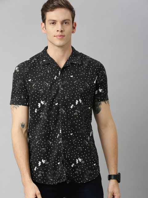 

HERE&NOW Men Black & White Slim Fit Floral Printed Cuban Collar Casual Shirt
