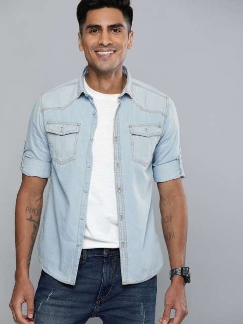

HERE&NOW Men Blue Solid Slim Fit Casual Denim Shirt