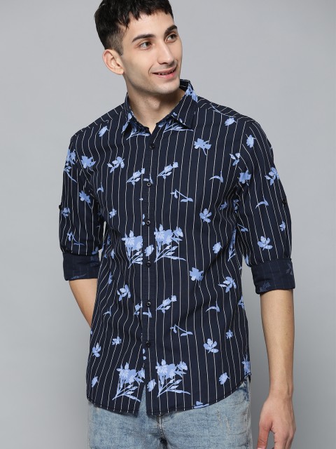

HERE&NOW Men Navy Blue Floral Printed Slim Fit Casual Shirt