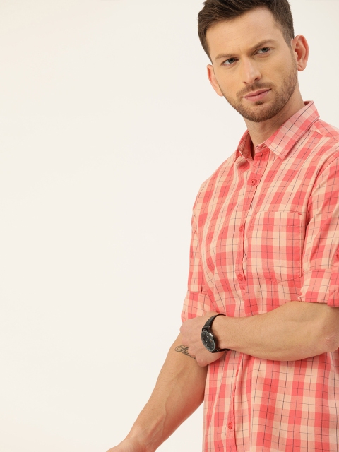 

Moda Rapido Men Peach-Coloured & Black Slim Fit Checked Casual Shirt