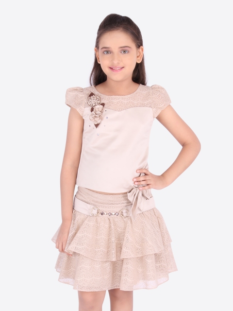 

CUTECUMBER Girls Beige Solid Top with Skirt