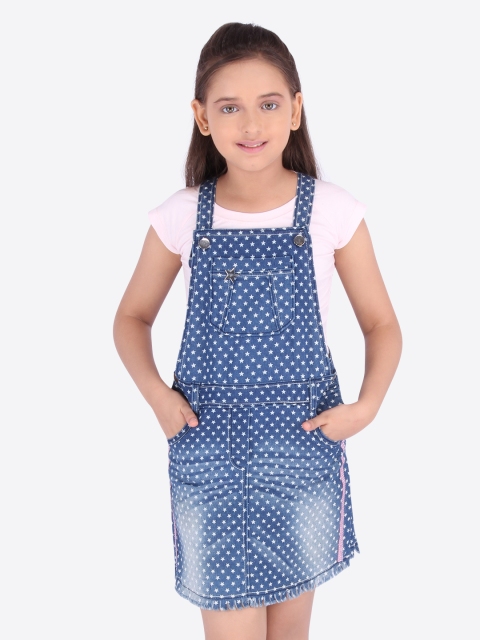 

CUTECUMBER Girls Navy Blue & Baby Pink Printed Pinafore Dress & Top